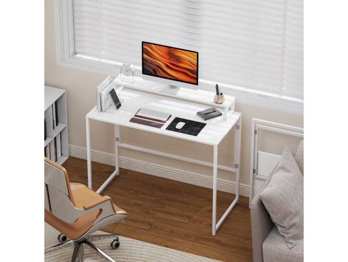 Bureau Pliable Informatique Blanc Table De Travail FloraGrace Pour Bureau Et Etude Support D Ecran Amovible 100x48x87 5cm