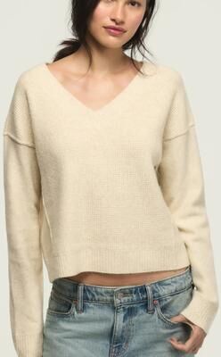Lucky Brand Waffle Slouchy Vneck Sweater - Women's Clothing Tops Sweaters in Straw Heather, Size XL