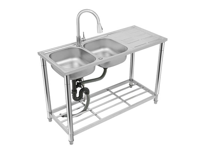 Évier de cuisine double à poser avec rotation à 360° ° Robinet pivotant, évier utilitaire commercial avec étagère de rangement 120*50*80cm