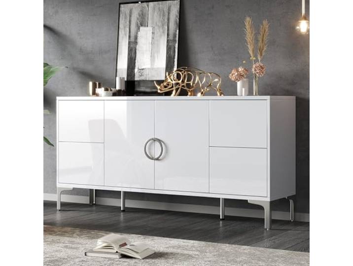 Merax Sideboard 150cm Breit, Küchenschrank mit 4 Schubladen, 2 Schranktüren, Hochglanz Komodenschrank mit Metallstützfüße, Minimalistisches Design, Buffetschrank für Küche Wohnzimmer Esszimmer, Weiß