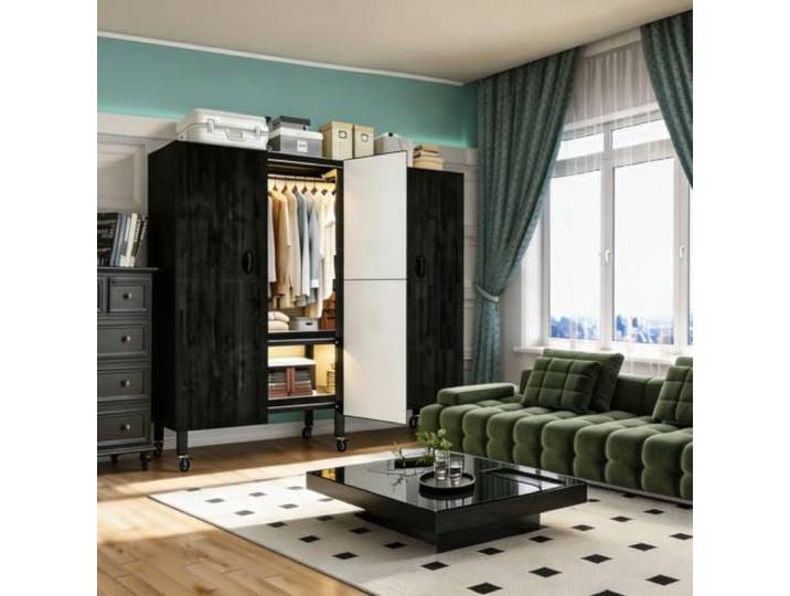 Stabil Stahlrahmen Kleiderschrank 500kg, (Schwarzes KT, 190CM/74.8IN) Stoffschrank mit Kleiderstange stabil, Abdeckung Faltschrank mit Rollen, Kleiderschrank für Schlafzimmer