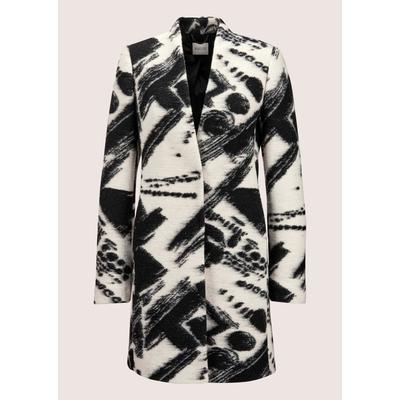 Longblazer MADELEINE "Gehrock Eleganter Gehrock mit Print-Design", Damen, Gr. 38, schwarz (schwarz, wollweiß), Obermaterial: 68% Polyester PES. 32% Wolle WO., Modern, normal, V-Ausschnitt, Blazer Longblazer