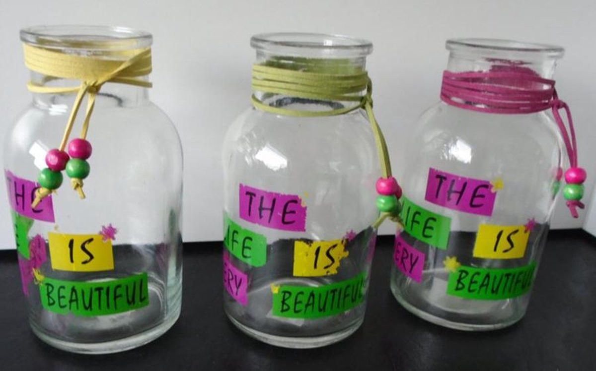 Decopot Windlicht The life is very beautiful - Multicolor - Glas - Set van 2 - H 16 cm x B 8,5 cm