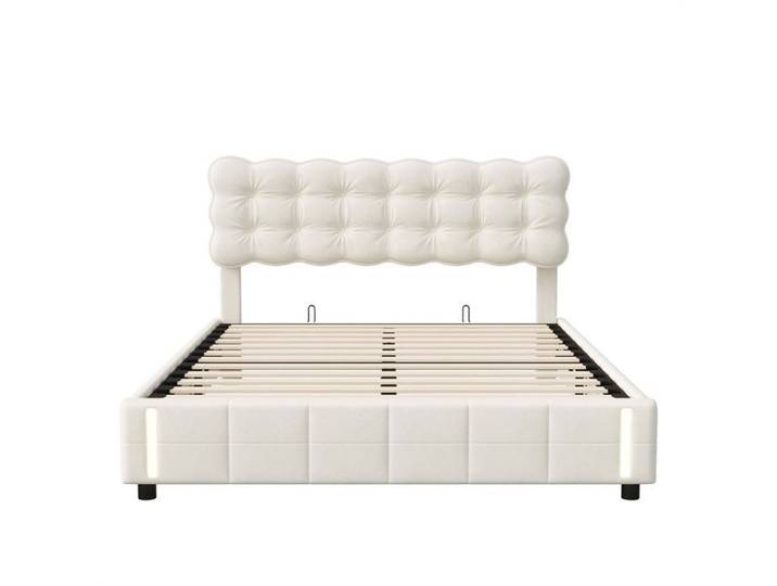 Lit double 140x200 cm - Lit coffre 140x200 cm avec lampe à induction humaine - Sans matelas - Beige