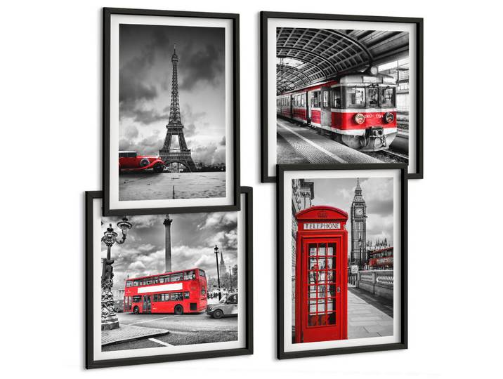 Tulup Bilder SET 4er Set - 50x50 cm & 40x60 cm Schwarzer Rahmen - Ikonische Städte London Paris Eisenbahn, Kunststoff, Rechteckig, 50x50 cm, gerahmt, Bilder & Rahmen, Bilder