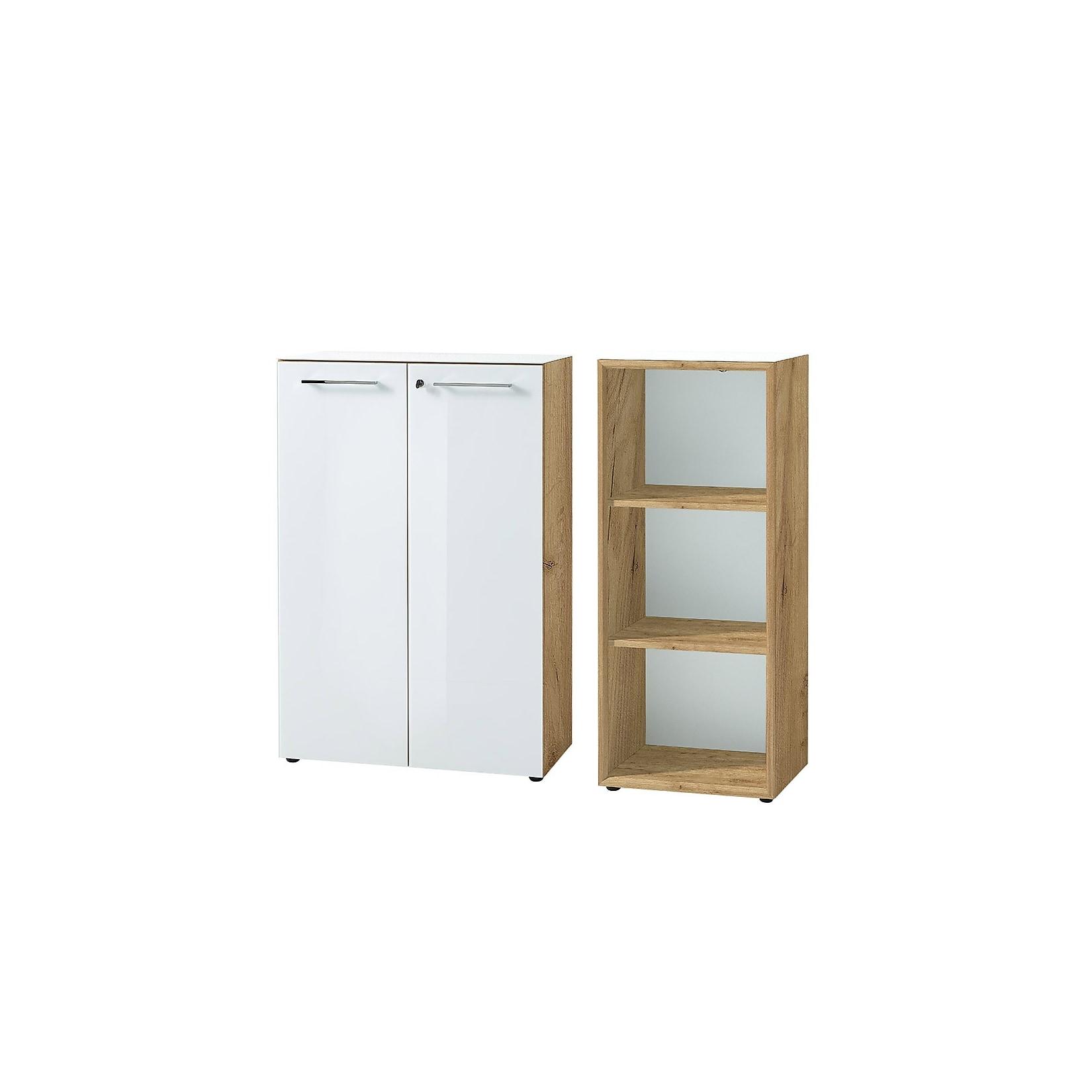 Büro-Set MUENCHEN 2-teilig Kommode x Regal Glas Front & Abschließbar Chalet-Eiche-Nb./Weiß
