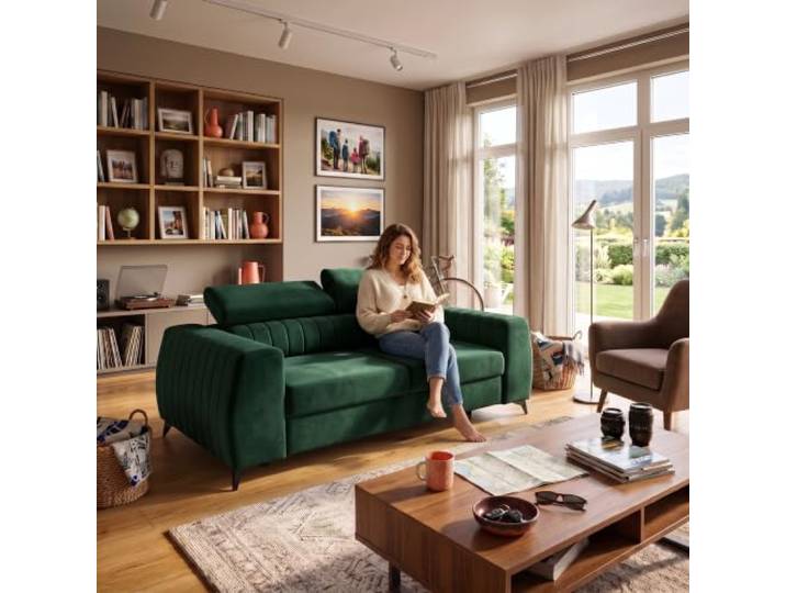 Muffo Piero S2 2-Sitzer Sofa verstellbare Kopfstützen Grün 206 cm Couch, freistehend, 2-Sitzer, Metallfüße, Velours, Element, Water Blocked, Wellenfedern, Polstermöbel