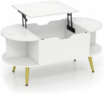 Costway Faux Marble Lift Top Coffee Table with Hidden Compartment and Shelves-White