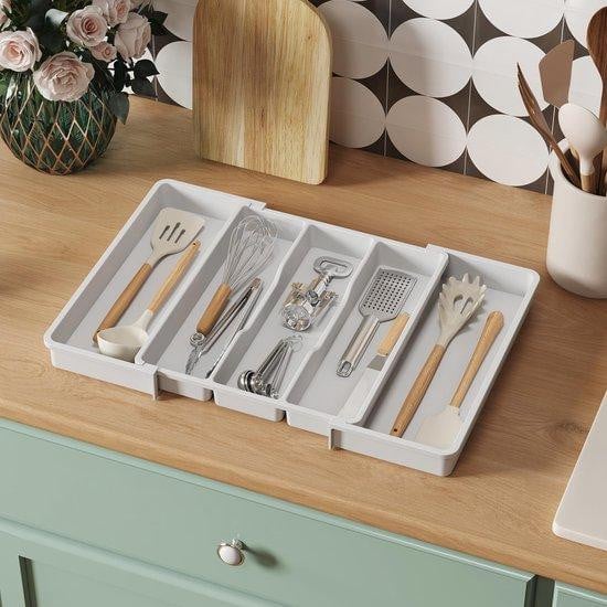 Unyqoos Uittrekbare bestekbak Wit - Verstelbare kunststof organizer voor keukenlades - Breedte: 57 cm, Diepte: 38 cm
