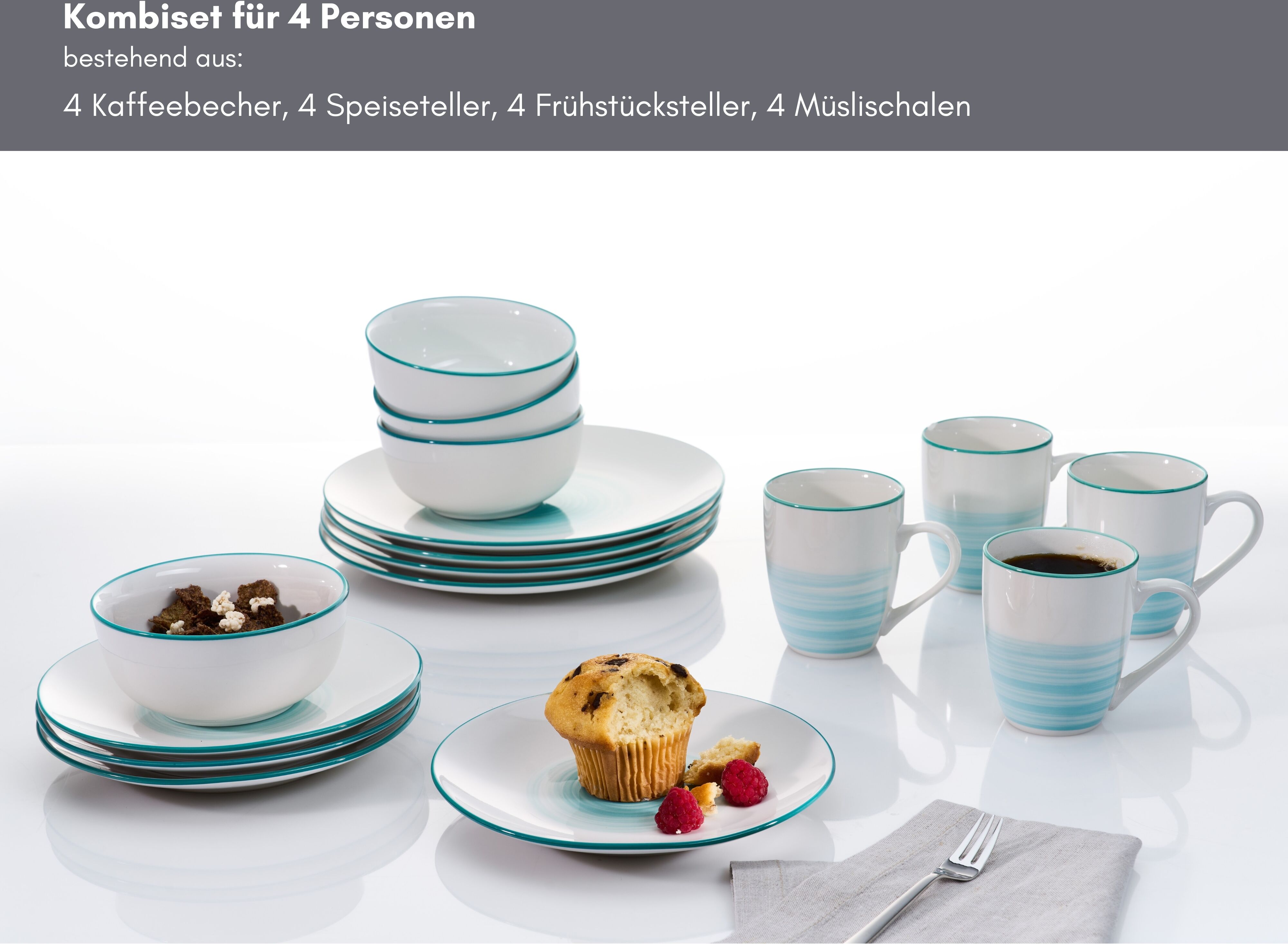 Kombiservice RITZENHOFF & BREKER "Luna", blau (türkis), 16 Stk., Porzellan, Geschirr-Sets, Kombiservice, Aquarell-Stil türkis 16 Stk.