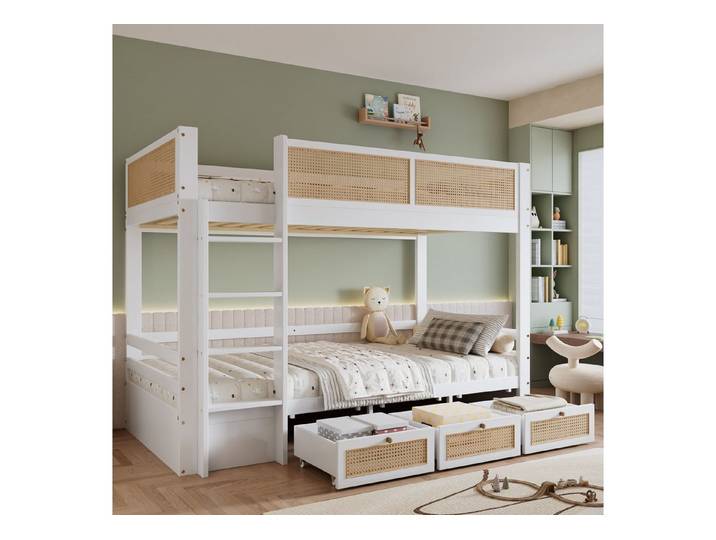 Odikalo Kinderbett Etagenbett Hochbett Rattanzaun Schubladen Lattenrost 90x200 Weiß Natur