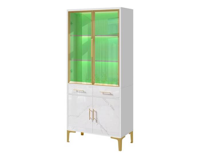Vitrine haute de rangement EVRYAE 75 x 38 x 170 cm portes vitrées LED APP effet marbre blanche