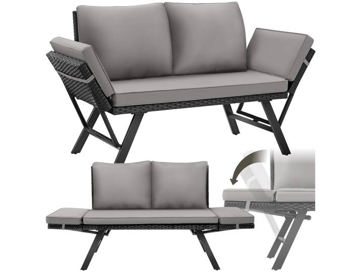 Rattan-Loungesofa Sintra, verstellbare Armlehnen, 2in1 - hellgrau/schwarz