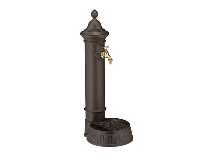 Relaxdays Standbrunnen Dunkelbraun Gold Wasserhahn, Metall, 26x72x31 cm, Dekoration, Gartendeko