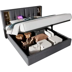 Polsterbett 140x200 mit Kabellosem Laden, USB-Anschlüssen und Stauraum – Modernes Design für höchsten Komfort und praktische Funktionalität