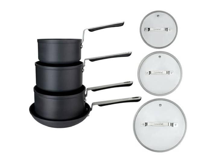Commichef 4-teiliges Kochgeschirrset aus eloxiertem Aluminium mit Antihaftbeschichtung, inklusive 16 cm, 18 cm, 20 cm Töpfen mit Deckel und 24 cm Bratpfanne, stapelbar