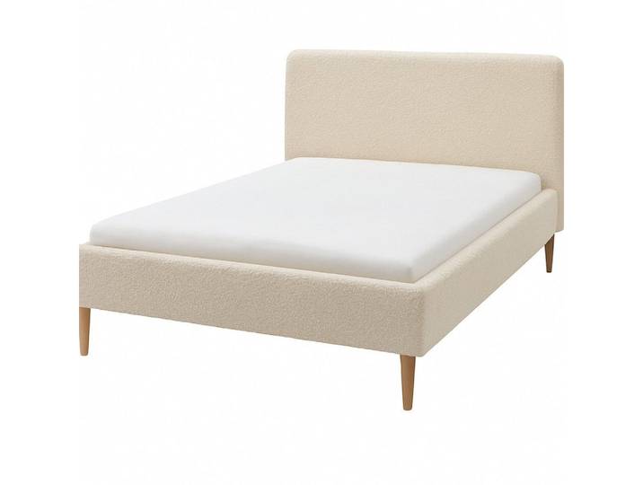 Wohnglücklich Polsterbett Juna (mit gepolstertem Kopfteil, mit Knopfheftung, mit Holzfüßen), Modernes Design schlicht & zeitlos