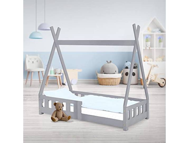ML-Design Kinderbett Tipi 70x140 cm Hellgrau mit Rausfallschutz und Lattenrost, Kiefernholz, Indianer Bett für Mädchen und Jungen, Hausbett mit Zaun, Bodenbett Kinderhaus Jugendbett Spielbett Zelt