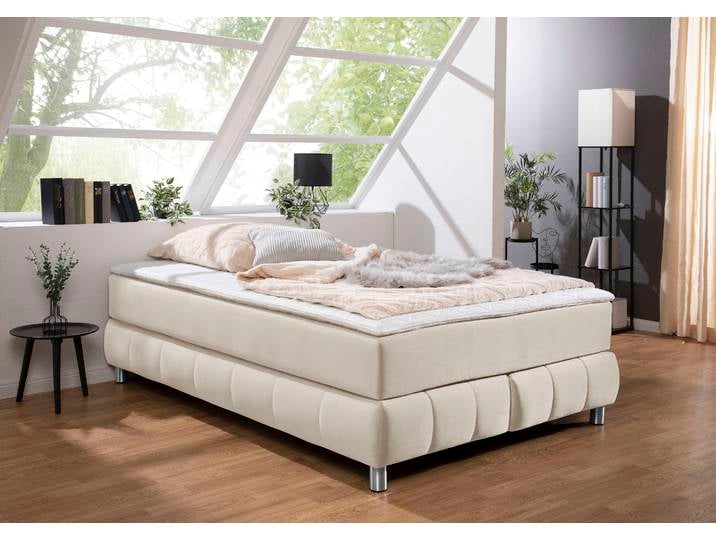 Boxspringbett, 146x206 cm, Samtoptik, Beige, Inkl. Topper, Skandinavisch, andas