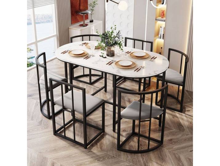 Ensemble de salle à manger six chaises (140x80x76cm) Table et Chaises - Chaises avec Dossiers+Coussins Gris - Style Moderne - Noi