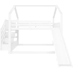 MODFU Etagenbett Kiefernholz Weiß 254x251x201 cm mit Stauraumtreppe, Rutsche und Geländer