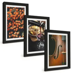 BILDER SET 3er Set - 20x30 cm Schwarzer Rahmen - Vintage Blumen Wein Geige
