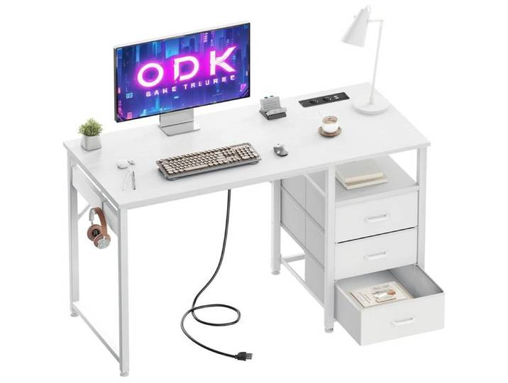 Bureau avec 3 Tiroirs en Tissu Coleshome Bureau avec 2 Prises de Courant et Prises USB 120x48x75.5 cm Blanc