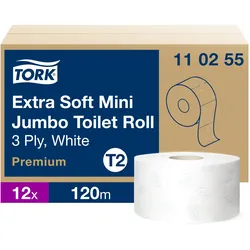 Tork extra weiches Mini Jumbo Toilettenpapier Weiß T2, Premium, 3-lagig, 12 × 12...
