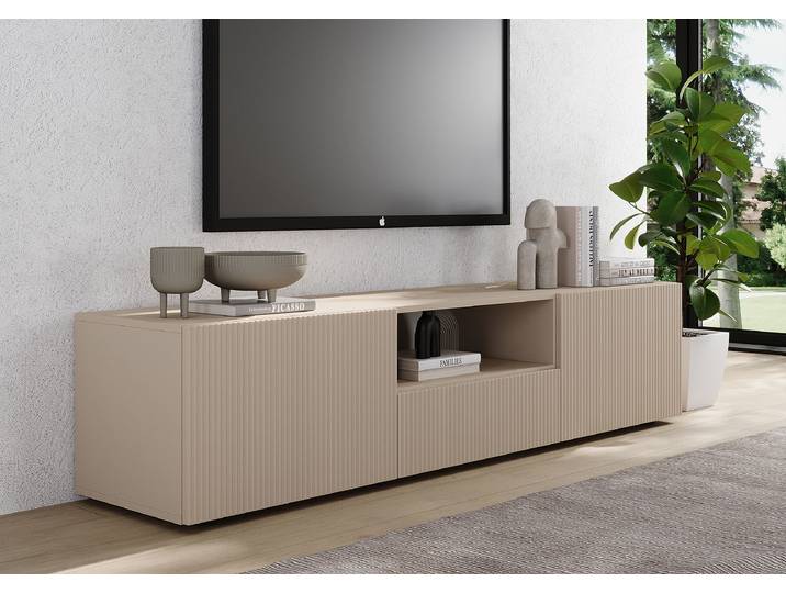 Meuble TV Carino Façade : MDF panneau de fibres de bois à densité moyenne , revêtu Corps : panneau aggloméré revêtu Beige/Cachemire 181cm