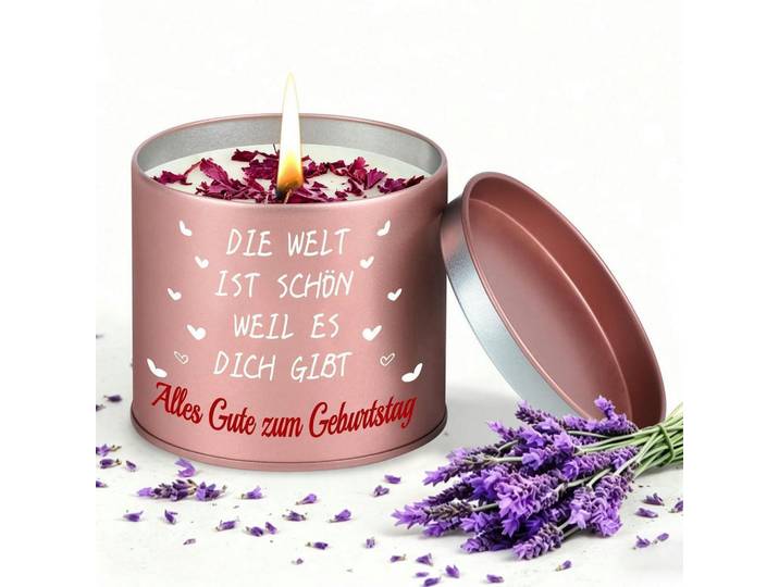 Duftkerze Lavendel 9oz mit Spruch Alles Gute zum Geburtstag ; Flieder, Paraffin, 7.7 cm, Dekoration, Kerzen & Kerzenhalter, Duftkerzen