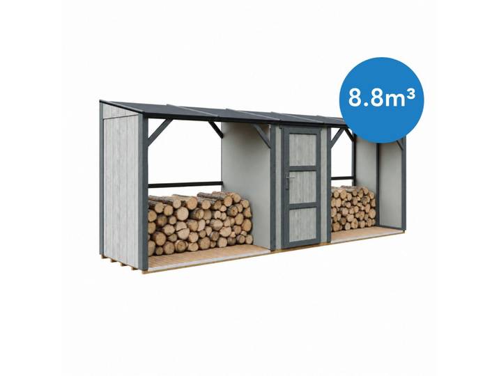BRENNHOLZLAGER doppelt mit Geräteraum 6,49 m², zwei Brennholzbereiche mit insgesamt ~8,8 m³ Fassungsvermögen