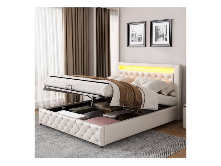 Flieks Polsterbett, LED-Beleuchtung Kunstleder Doppelbett Stauraum 160x200cm