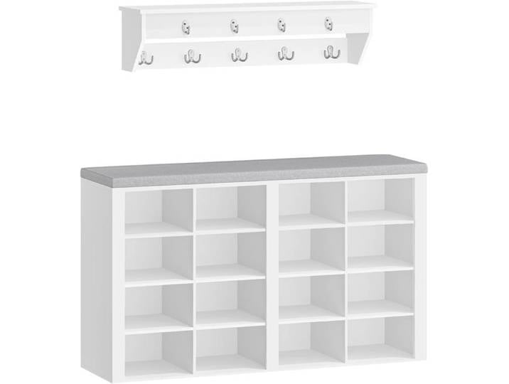 Banc à Chaussures Banc de Rangement avec 16 Compartiments Porte-Manteau Étagère à Chaussures avec 9 Crochets Blanc-Gris