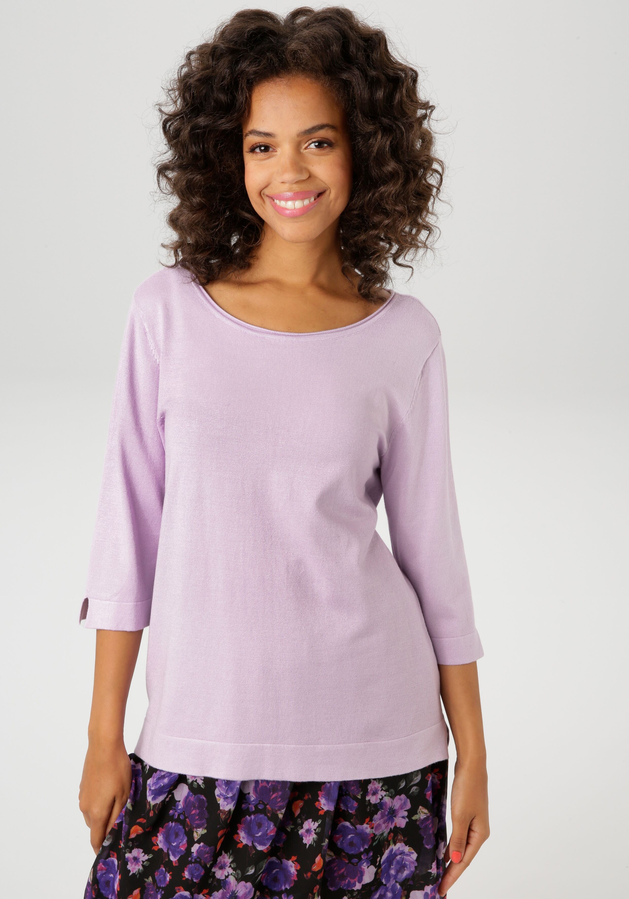 Strickpullover ANISTON CASUAL, Damen, Gr. 38, lila (flieder), Feinstrick, Obermaterial: 80% Viskose, 20% Nylon, unifarben, figurumspielend hüftlang, Rundhals, Bündchen mit Schlitz, Pullover Strickpullover, mit kleinem Schlitz an den 3/4-langen Ärmeln flie
