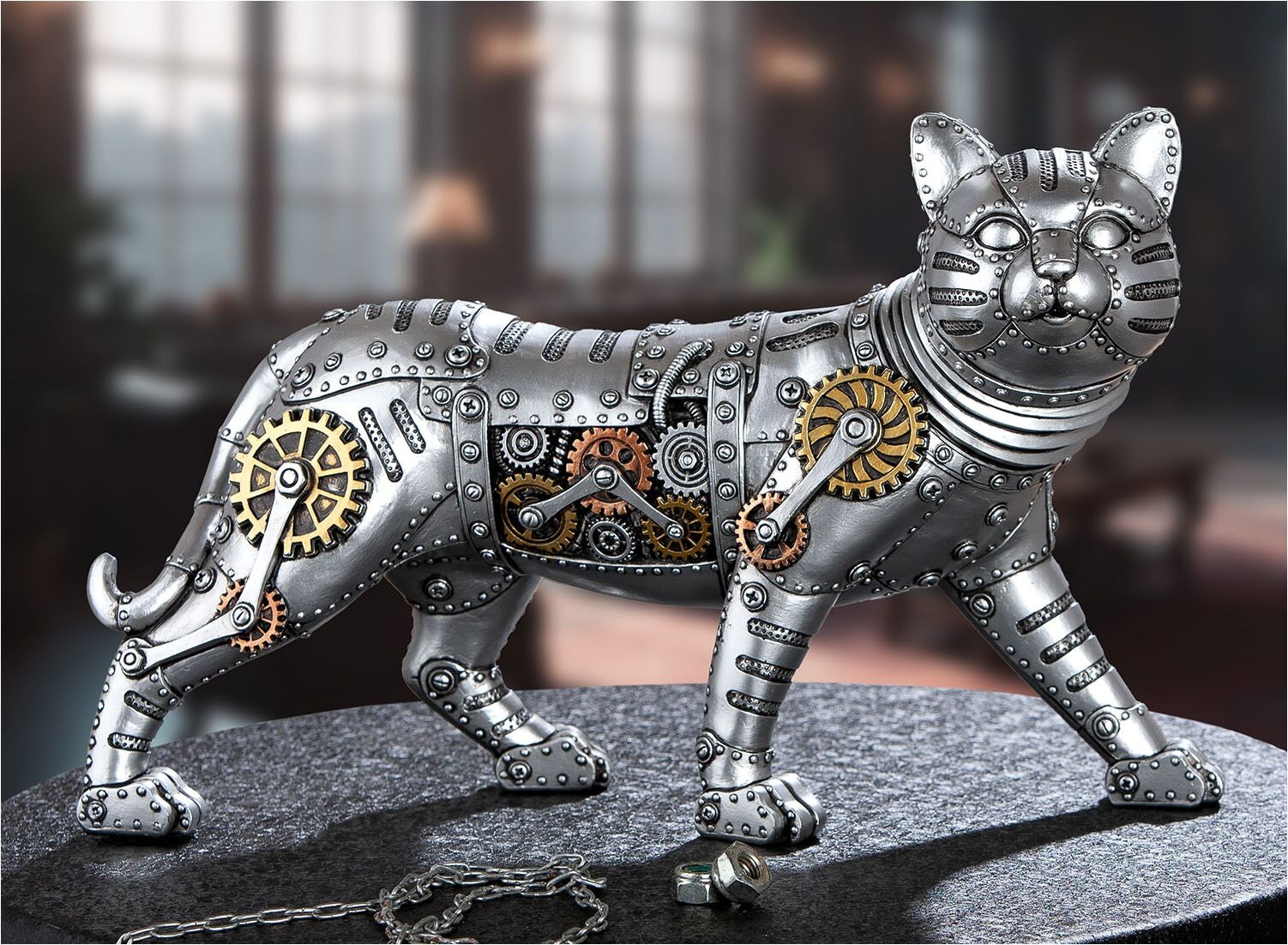 Skulptur GILDE "Figur Katze Steampunk Katze", silber (silberfarben), B:35cm H:23cm T:11cm, Kunstharz, Dekofiguren, Skulptur silberfarben B/H/T: 35cm x 23cm x 11cm
