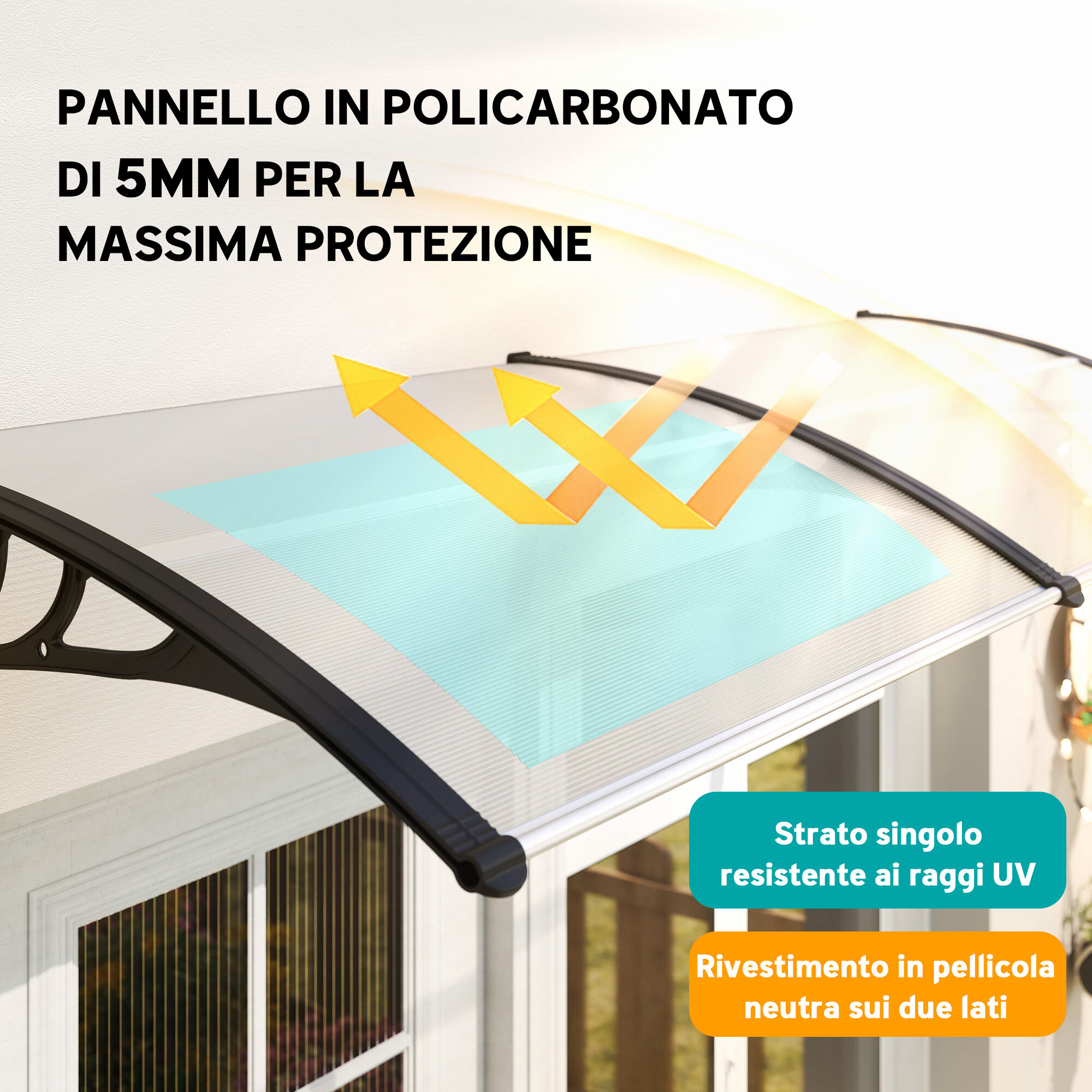 Altro Pensilina Tettoia Da Esterno 195x75cm, Tettoia Per Esterno In Policarbonato E Alluminio, Per Balcone Finestre E Porte, Trasparente