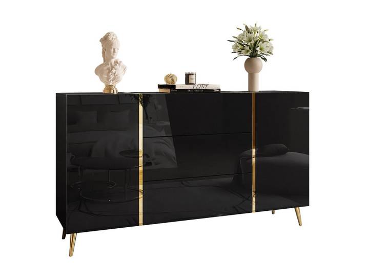 KOMMODE MIT SCHUBLADEN ONYX AUF GOLDENEN BEINEN HOCHGLANZ 158 CM PUSH OPEN