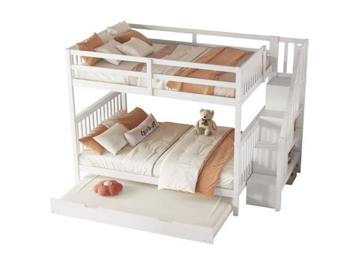 Lit superposé pour enfant 140x200cm avec marche rangements et lit dépliable barrières de protection hautes blanc