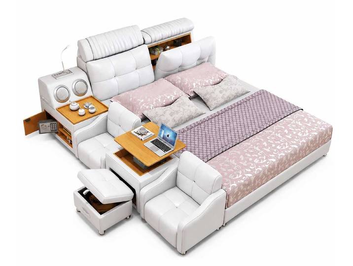JVmoebel Multimediabett Premium Schlafzimmerbett Weiß mit Relax Funktionen und modernem Design (Multimediabett, 1-tlg., 1-tlg), Verstellbares Kopfteil, Ausziehbarer Tisch