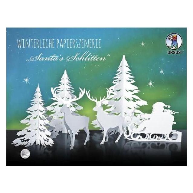 Magni Ursus 17200002 - Winterliche Papierszenerie, Santa's Schlitten, weiss, 4 Blatt aus Bristolkarton 400 (17200002)