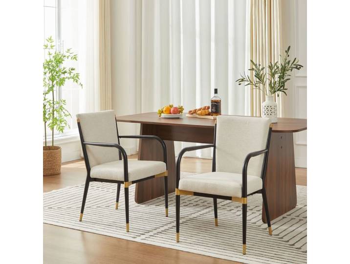 Chaise De Salle À Manger Tissu Beige Accoudoirs Métal Noir Or - Chaise De Cuisine - Style Scandinave Confortable Pieds Réglables