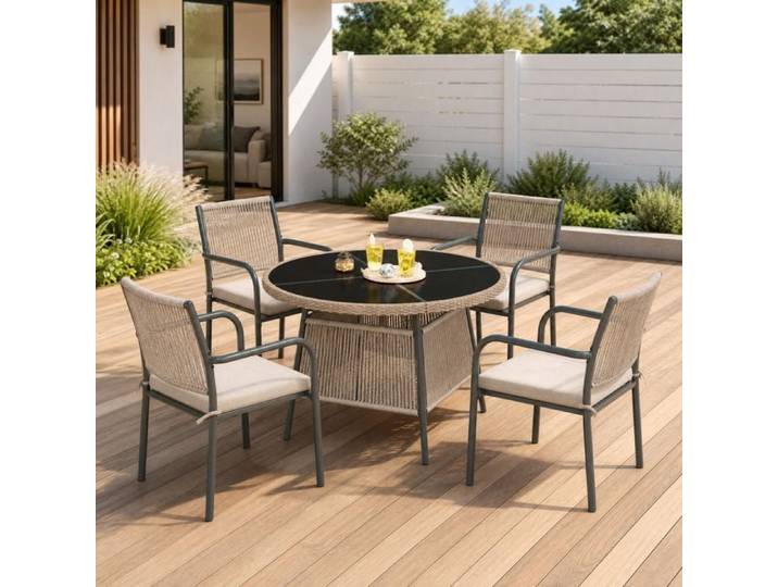 VUENOR Ensemble table et chaises de jardin 5 pièces gris avec table ronde et coussins inclus