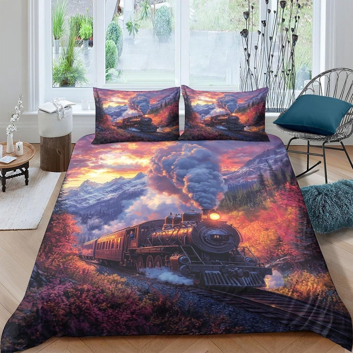 Dekbedovertrek Set met 3D Stoomtrein Print voor Kinderen, King Size 220 x 240 cm