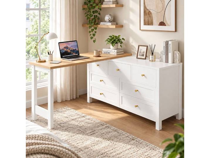 Bureau avec Rangement Bureau Informatique avec 7 Grand Tiroir Table pour Chambre Studio 120x40x70cm Blanc