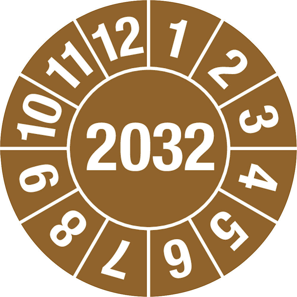 kaiserkraft Prüfplakette, Jahreszahl 4-stellig, Dokumentenfolie, Ø 15 mm, 2032, braun