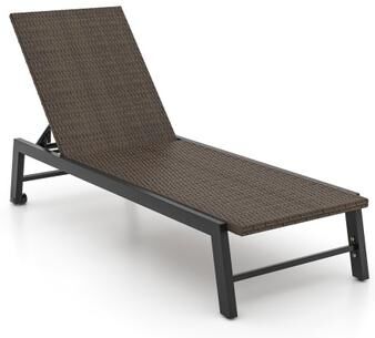 Costway Patio PE Rattan Chaise Lounge with 5-Level Backrest and Wheels-Brown
