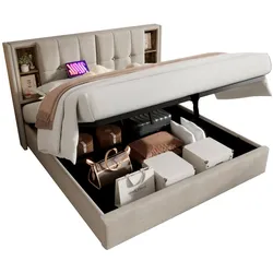 Polsterbett 140x200 mit kabellosem Laden, USB-Anschlüssen und Stauraum – Elegantes Leinen-Design für hohen Komfort und praktischen Nutzen – Grau