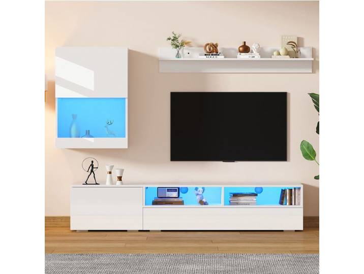 SENVIRO Meuble TV mural LED laque brillante 175x39x34cm blanc