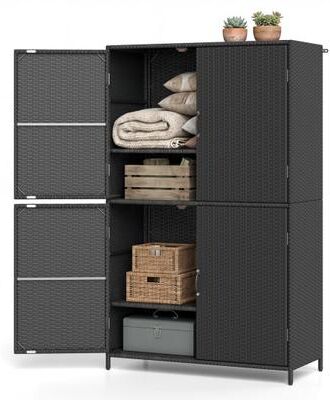 Costway 4-Door Rattan Vertical Storage Shed with Adjustable Shelves-Black