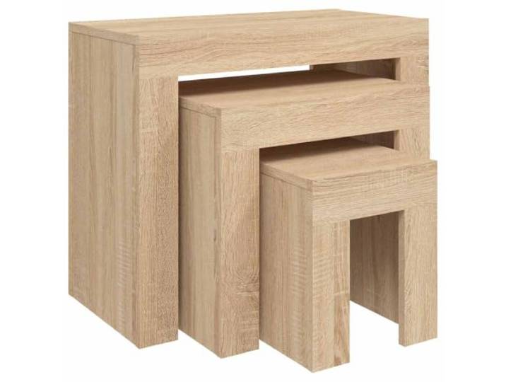 Roanoer Satztische 3er Set Beistelltische Sonoma-Eiche Holzwerkstoff Stapelbare Kaffeetische für Wohnzimmer, Büro und Schlafzimmer. Pflegeleichtes Design aus robustem Holzwerkstoff.
